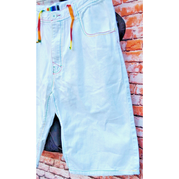 White Light Denim 5 Pocket Shorts W/Rainbow Colored Stitching & Drawstrings - Picture 7 of 11